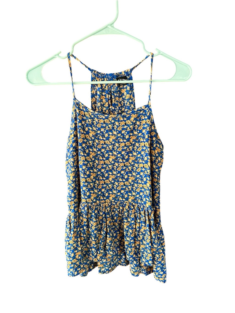 Art Class Bright Blue Gold Small Floral Straps Ruffle Hi-Lo Hem Top Sz L 10/12